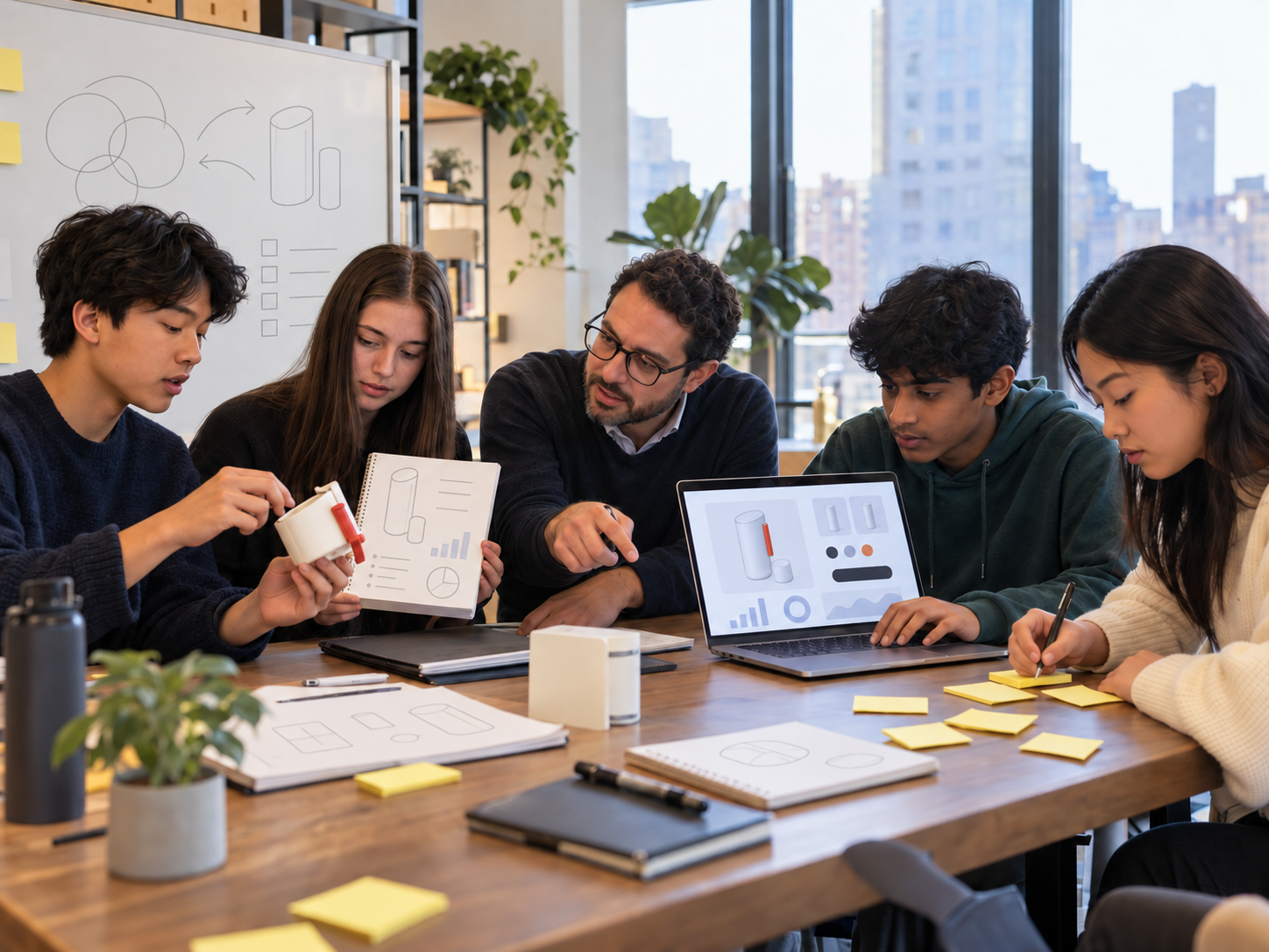 A professor mentor guiding a small group through product design and analysis