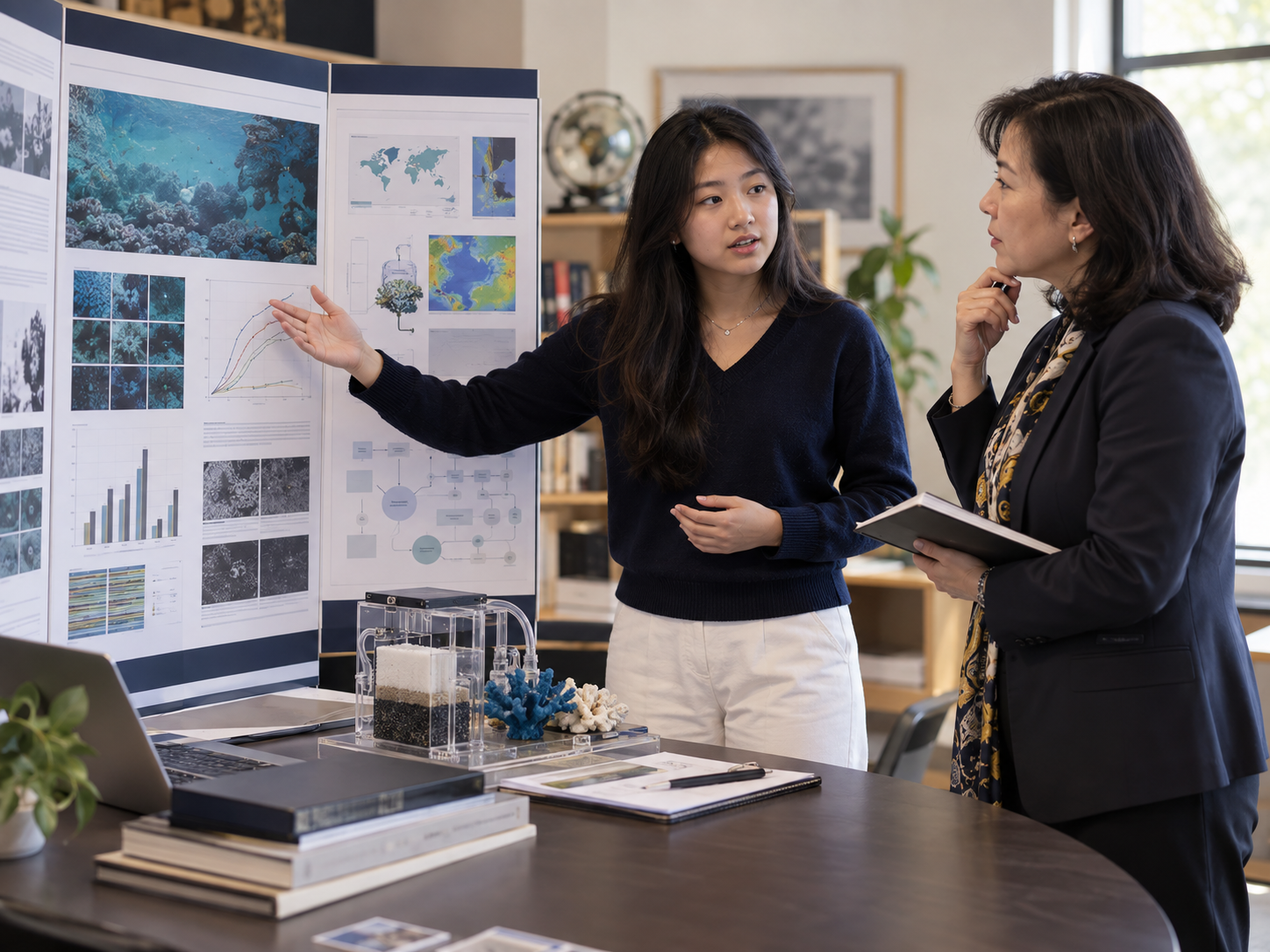 A student explaining research evidence to a professor mentor beside a scientific poster