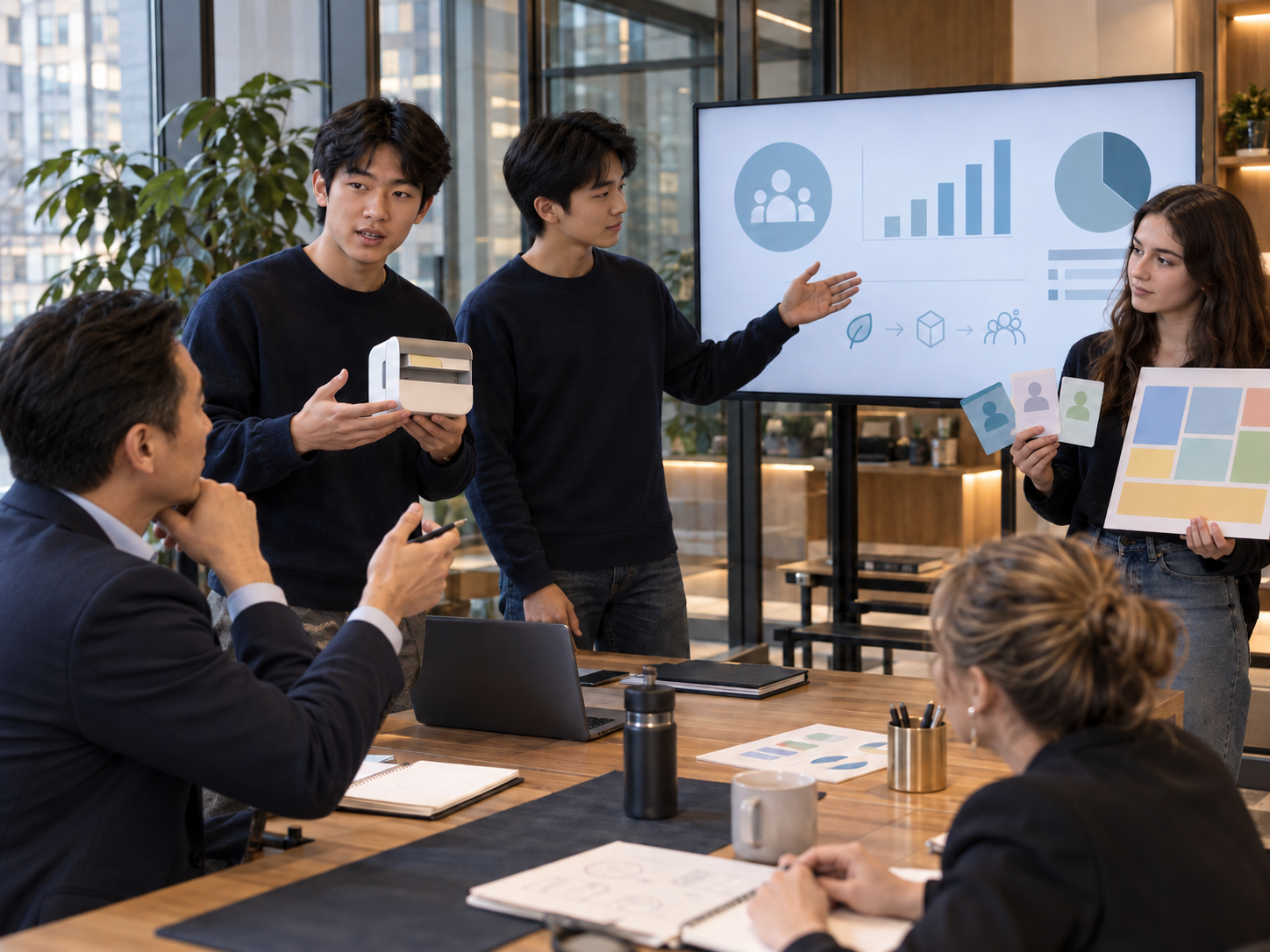 Students presenting a product concept and market evidence during a pitch