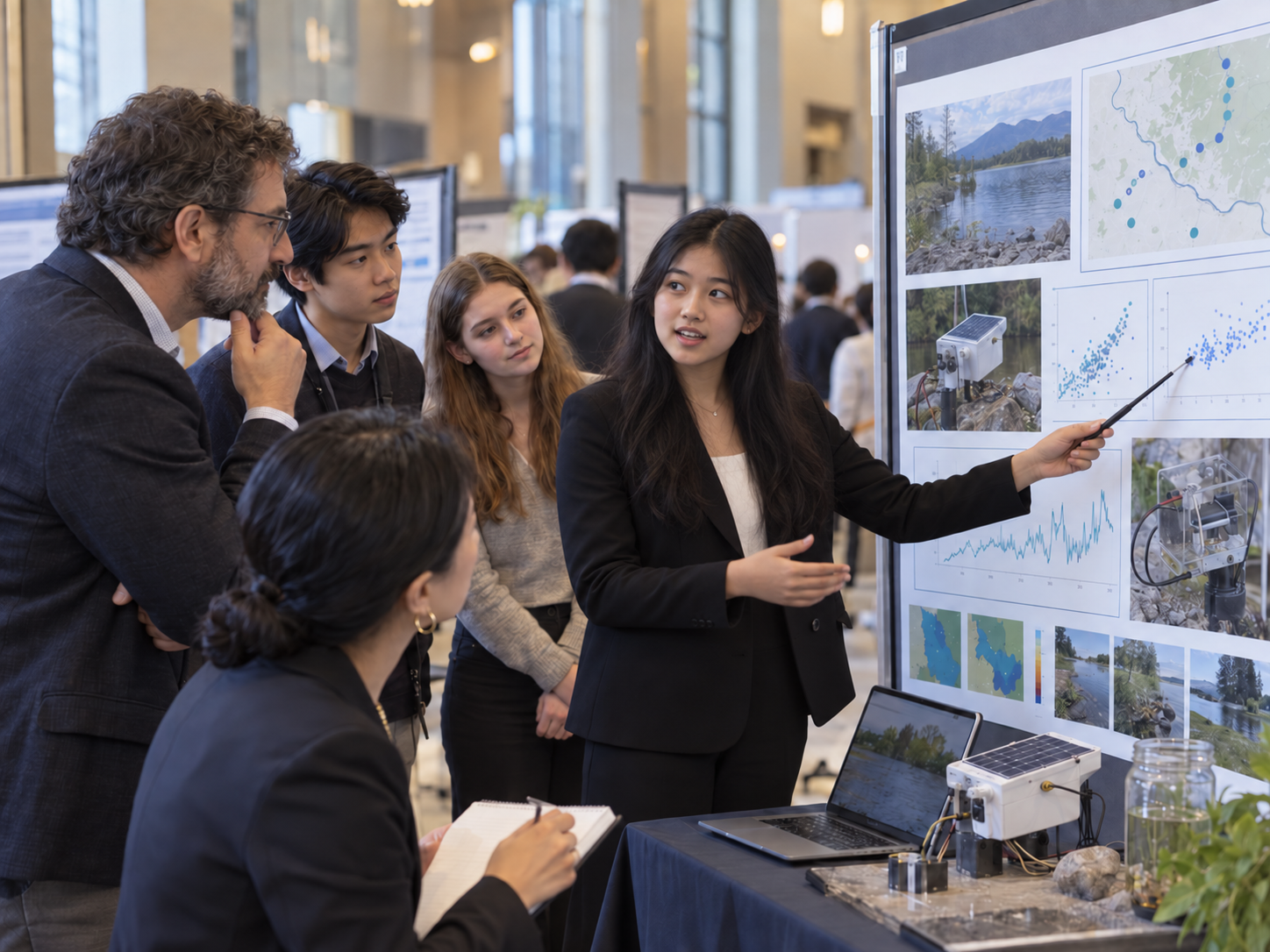 A student presenting a research poster to mentors and an audience